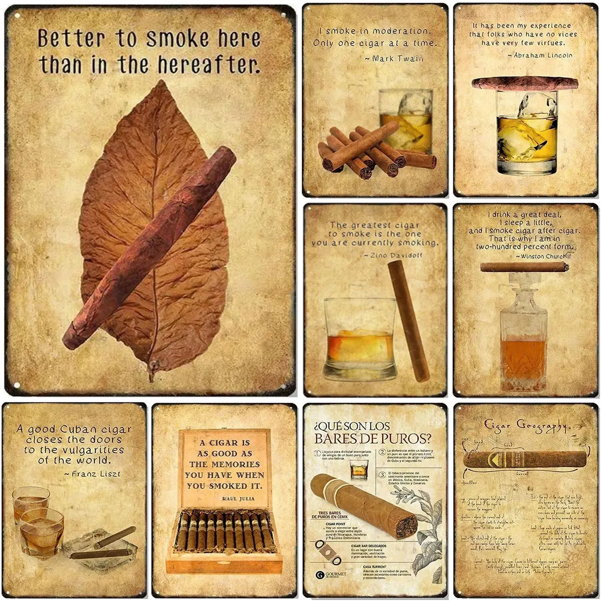 HD Tin Sign Vintage Cigar & Whiskey Wall Decor - Retro Cuban Cigar Whiskey Quote Art Metal Tin Sign for Man Cave Bar Smoking Roo