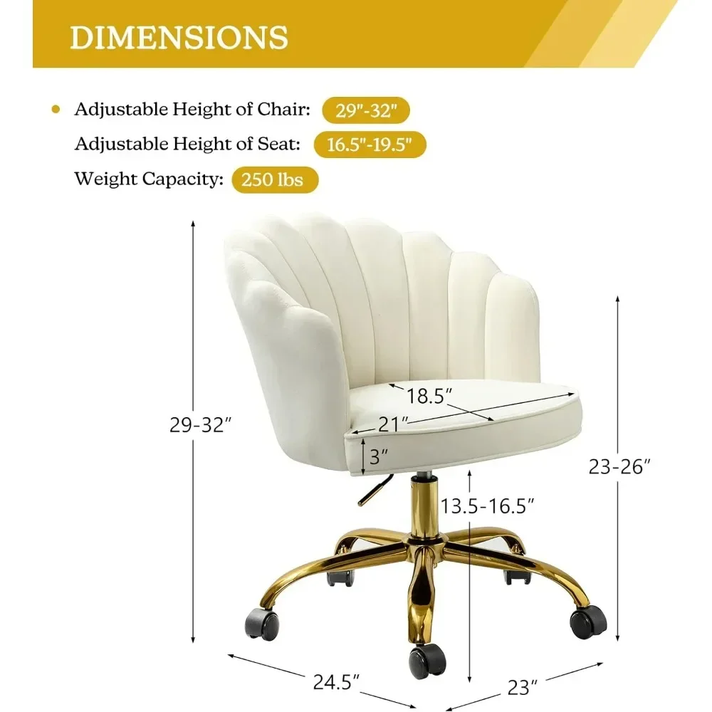 Velvet Home Office Chair with Gold Base, Womans Modern Cute Shell Back Upholstered Desk Chair for Vanity