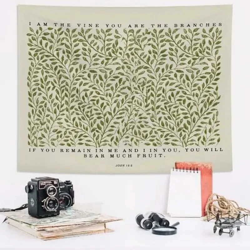 VIKAMA Religious Faith Wall Hanging Bible Verse John 15:5 Green Vine Leaf Plant Botanical Christian Tapestry Vintage Wall Art fo