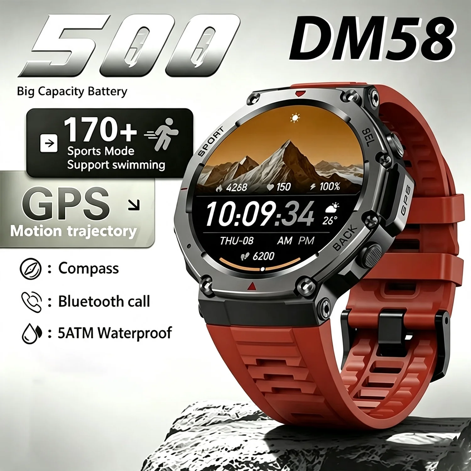Men's Sports Smart Watch Bluetooth-Compatible Pedometer Heart Rate Monitor Android 5.3 466x466 Screen 500mAh Battery