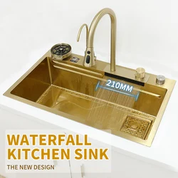 Waterfall Kitchen Sink Gold 304 Stainless Steel Modern Multifuctional Large Above Counter Apron Front Installation
