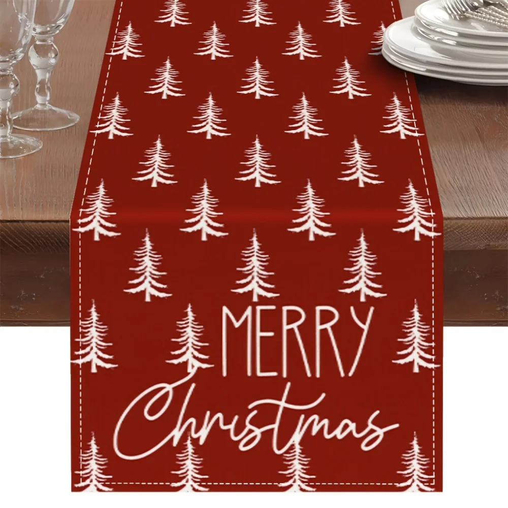 1pc Dokriy Red Christmas Table Runner with White Pine Trees & Merry Christmas Script - Rectangular Holiday Dining Decor