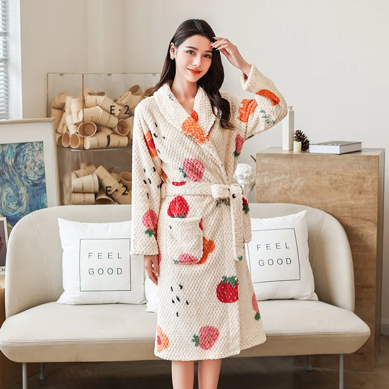 

Ultrathick Robe Supersoft Extralong Plush Bathrobe Fruitprint Homewear Cozyfleece Sleepwear Warm Flannel Softtouch Nightgown