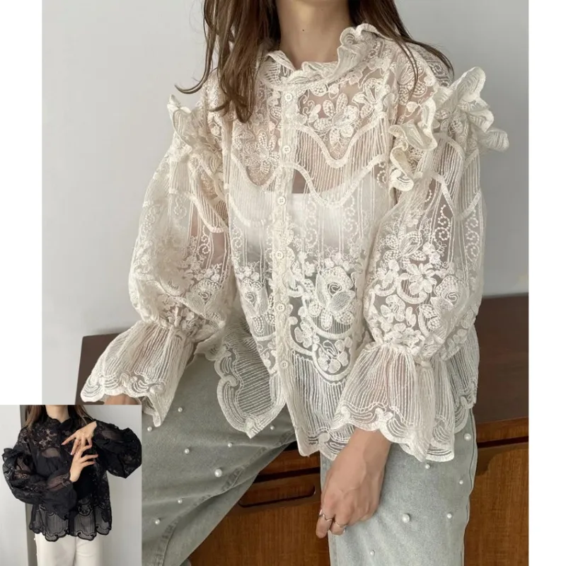 Spring Autumn New Women Lace Embroidered Shirt and Straps 2 Piece Sets Fashion Stand-up Collar Ruffles Long Sleeve Blouse Tops