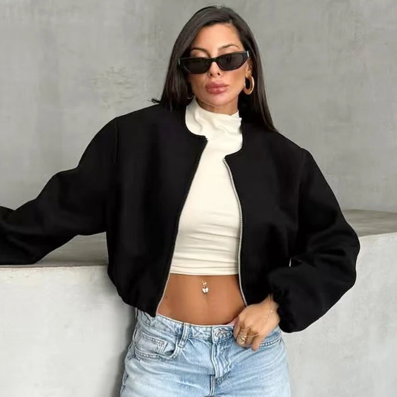 Dámské zkrácené volné bundy HXAO, červená, šedá, smetanově bílá, černá, svrchní oblečení, nadměrný top s dlouhým rukávem na zip, elegantní bomber, baseballový kabát - náhled 3