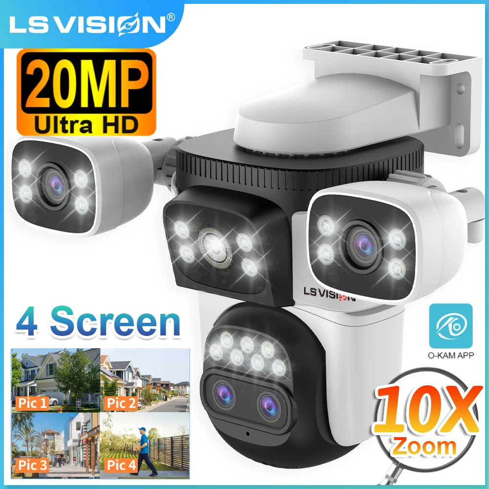 LS VISION 10K UHD cámara IP WIFI para exteriores 10XZoom cuatro pantallas 360 cámara de seguridad PTZ detección humana Cctv cámara de vigilancia del hogar