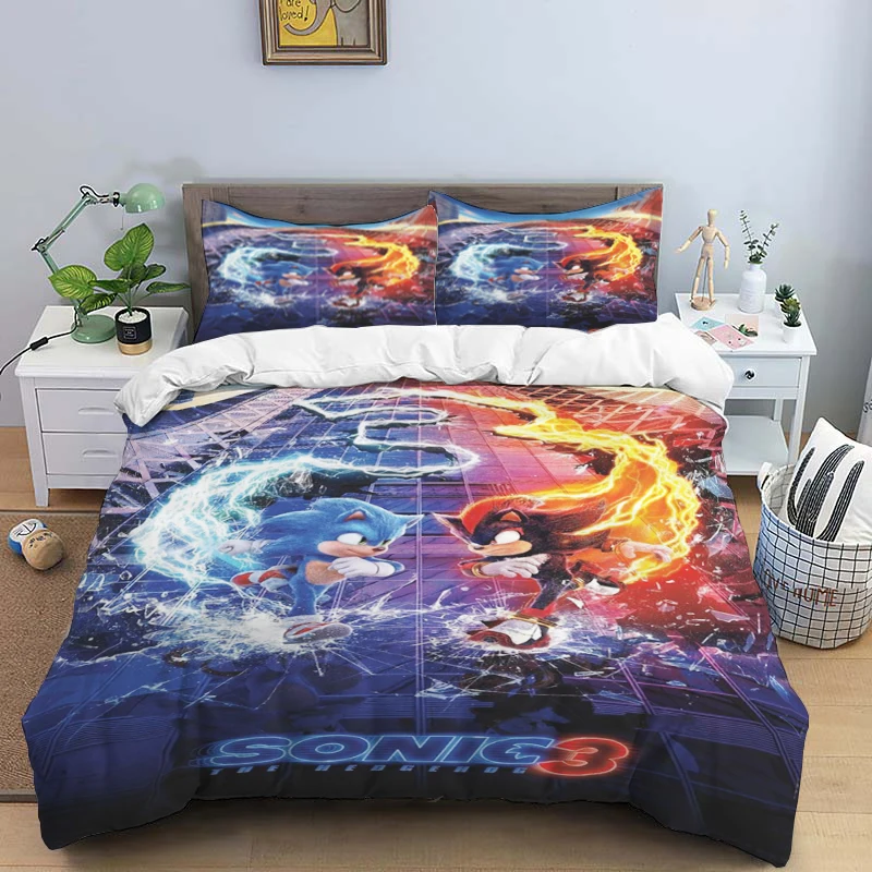 S-Sonic Fashion Print Three-piece Set Suitable for Kids or Adults Quilt Cover Pillowcase Bedding Set Birthday Gift