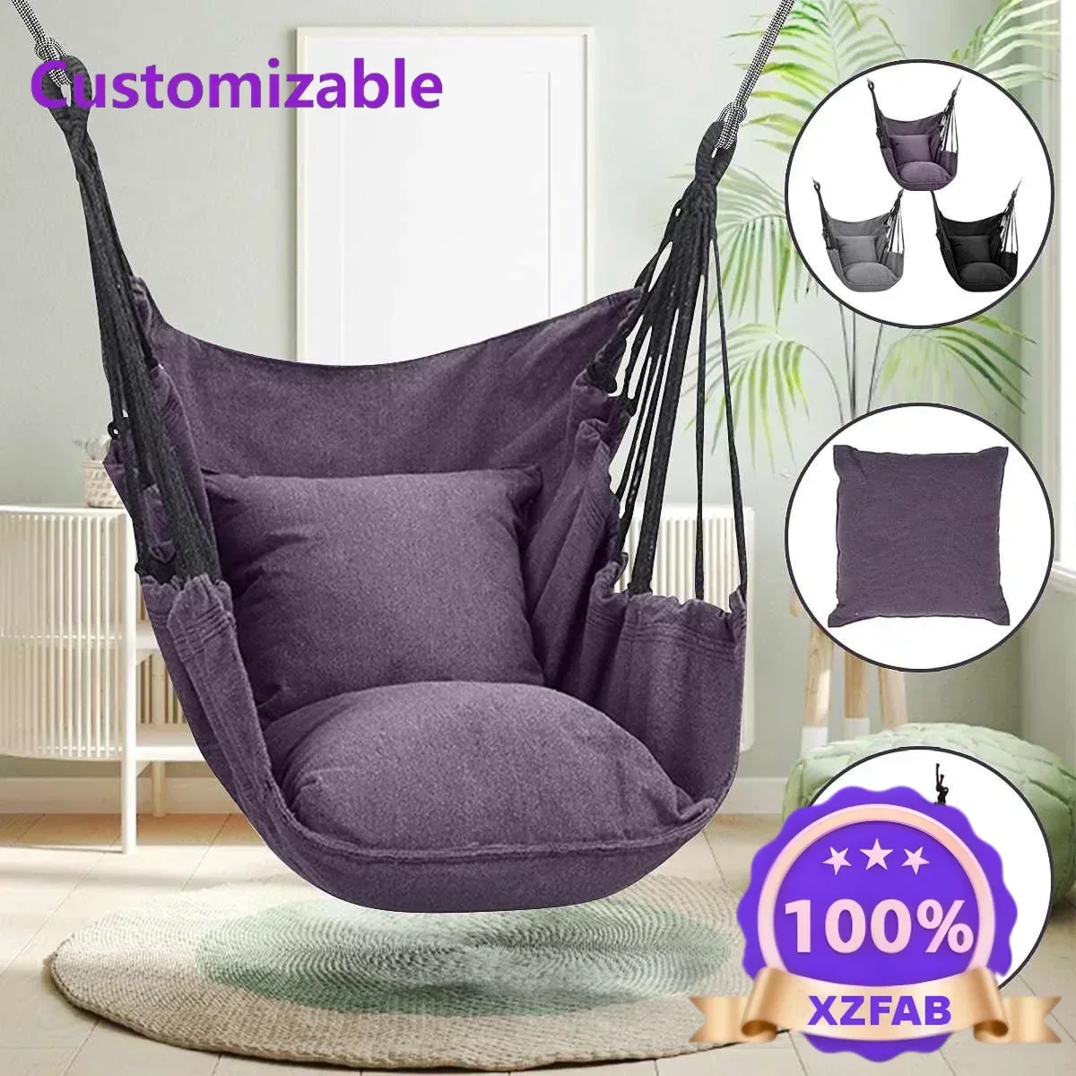 Factory Direct 2026 In-stock Garden Hammock Hanging Chair Swing Seat With Cushion Pillow For Indoor Outdoor 51.18*39.37inch