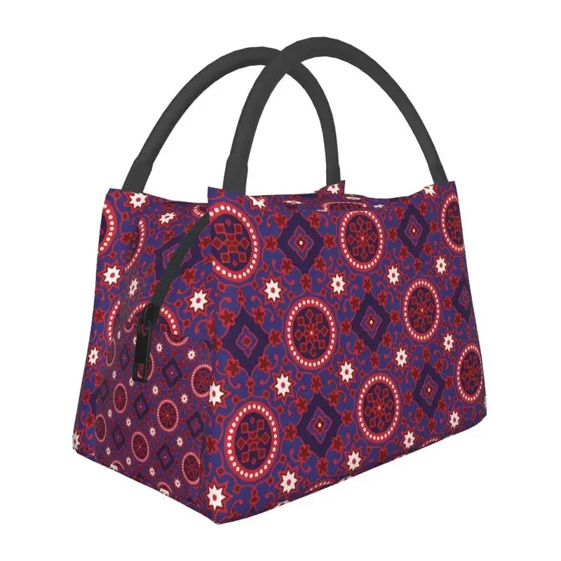 Ajrak Print Insulated Lunch Bags for Women Resuable Tradition Ethnic Art Thermal Cooler Lunch Tote Beach Camping Travel