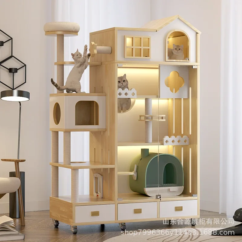 Cat Castle Big  Large Cats Cage Villa Three-story Solid Wood Large Luxury Household Cage Coffee Castle