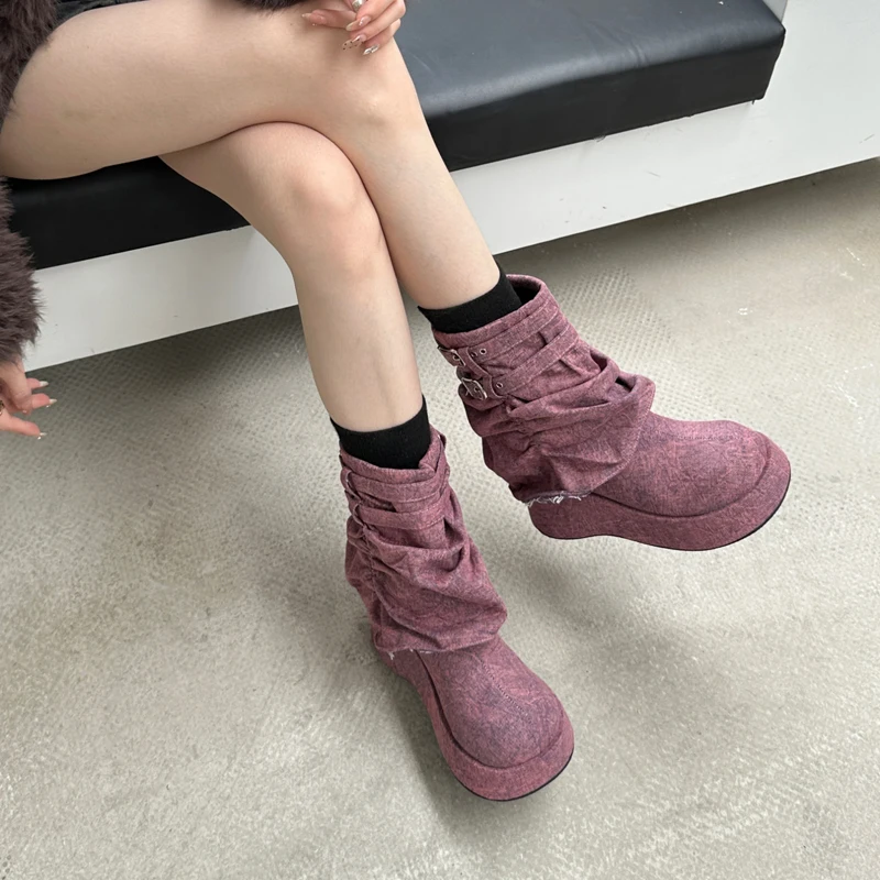 

7cm Ankle Boots For Women Round Toe Platform Wedge Boots Punk Gothic Shoes Fall Black Shoes Botas Femininas Tendencia 2024