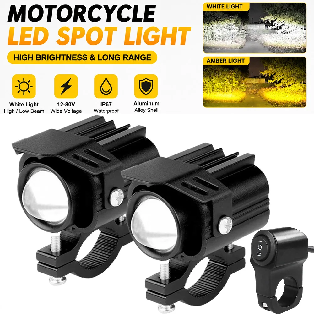 Motorcycle Auxiliary LED Lights, 12-80V Dual Color White/Yellow Hi/Lo Beam, Waterproof Driving Spotlights with Optional Switch