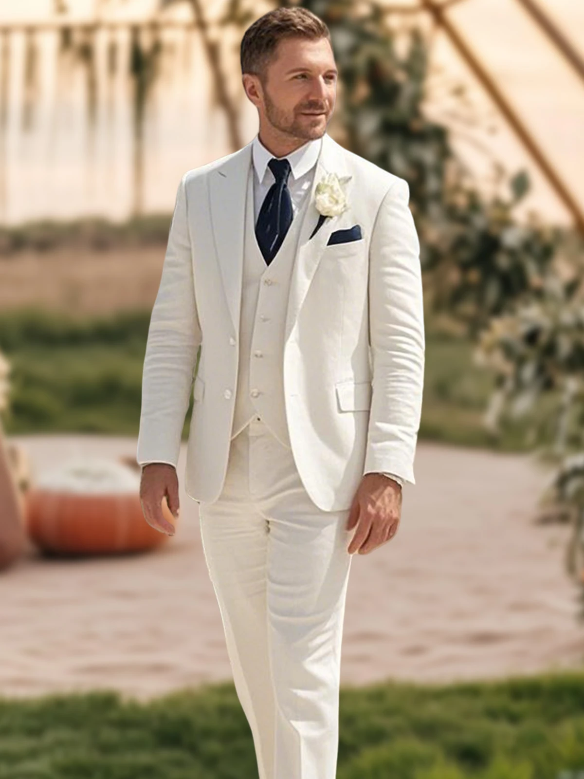 Wedding Summer Linen Suits for Men Beach Casual Slim Fit Blazer Masculino Costume Vest for Man Light Thin 3 Pièces Pour Homme