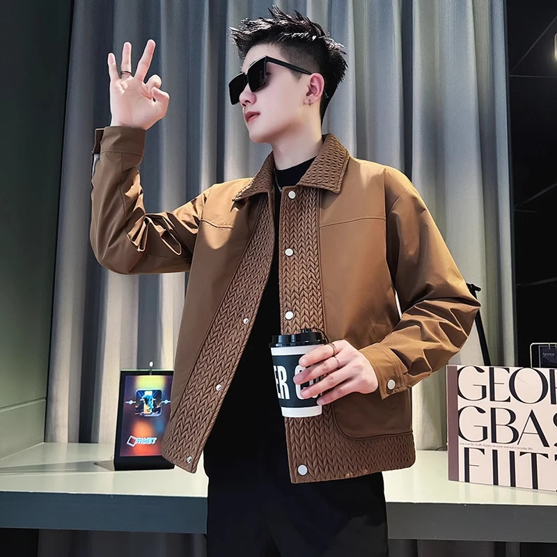 

Casual Loose Patchwork Jaet for Men Spring Autumn New Sle Trendy Collar Outerwear Windproof Stand Fit Polyester Fiber