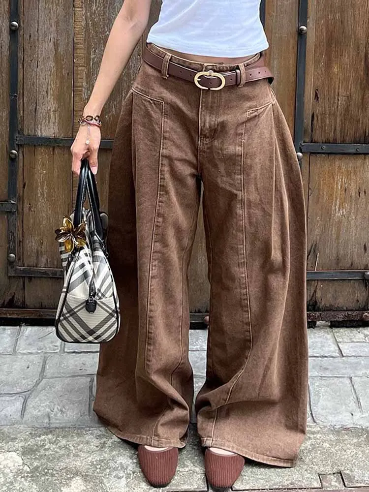 BKQU American Style Vintage Brown Jeans Women Streetwear High Waist Baggy Wide Leg Denim Pants Y2K Casual Harajuku 2000s Trouser