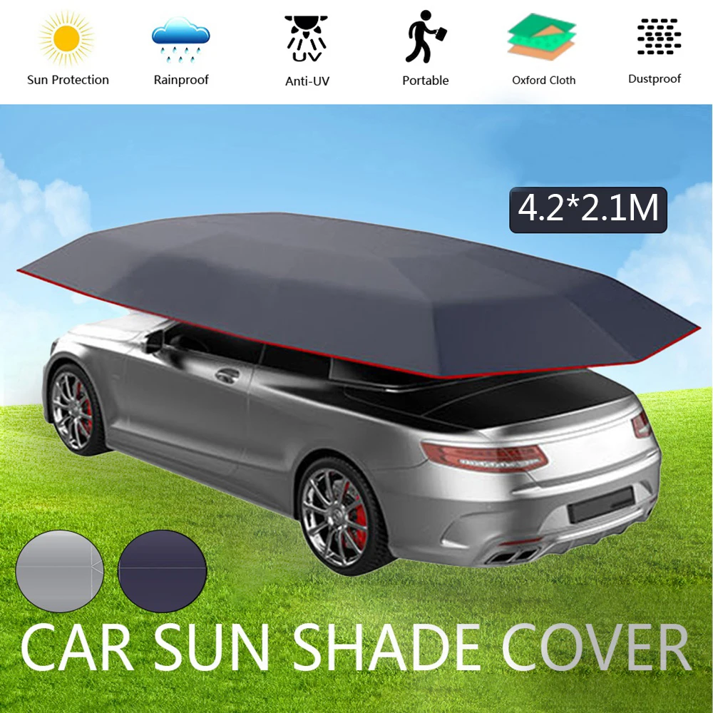 Universele Auto Zonnescherm Paraplu Cover Tent Doek Uv Beschermen Waterdicht 4.2X2.1M Zilver