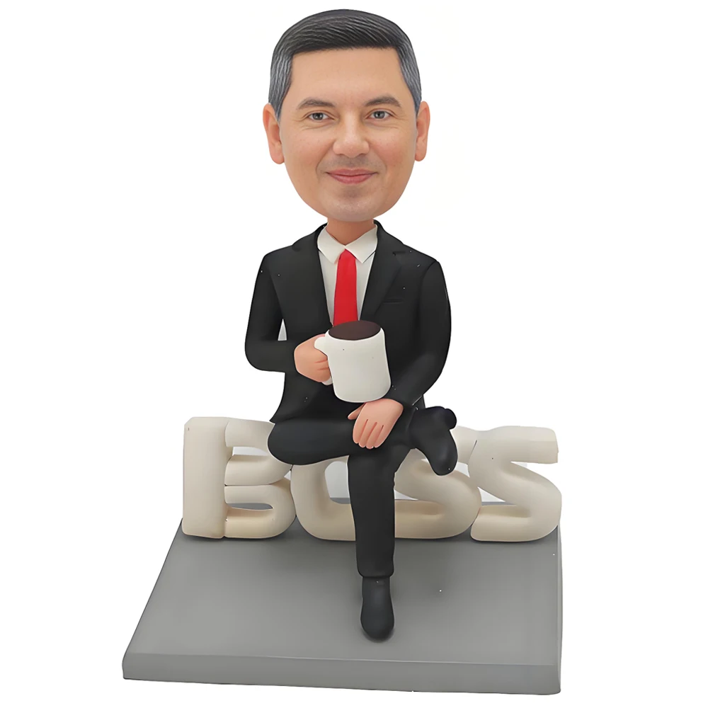 

Custom Business Executive Bobblehead Figurine, Big BOSS Base, Coffee Cup Design, Black Suit with Red Tie, Office Decoration