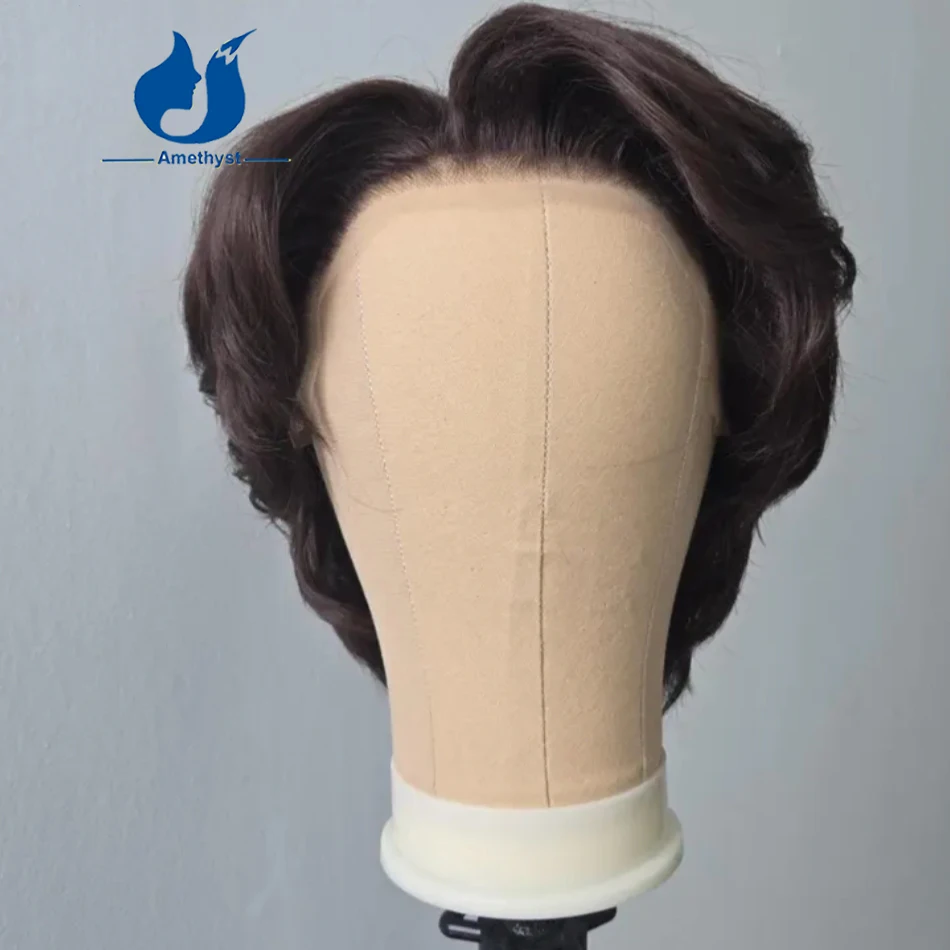 

Amethyst Layered Dark Brown Short Wig for Men Human Hair Pre Styled Brazilian Remy Pre Plucked Male Hairpiece Full Lace Wig