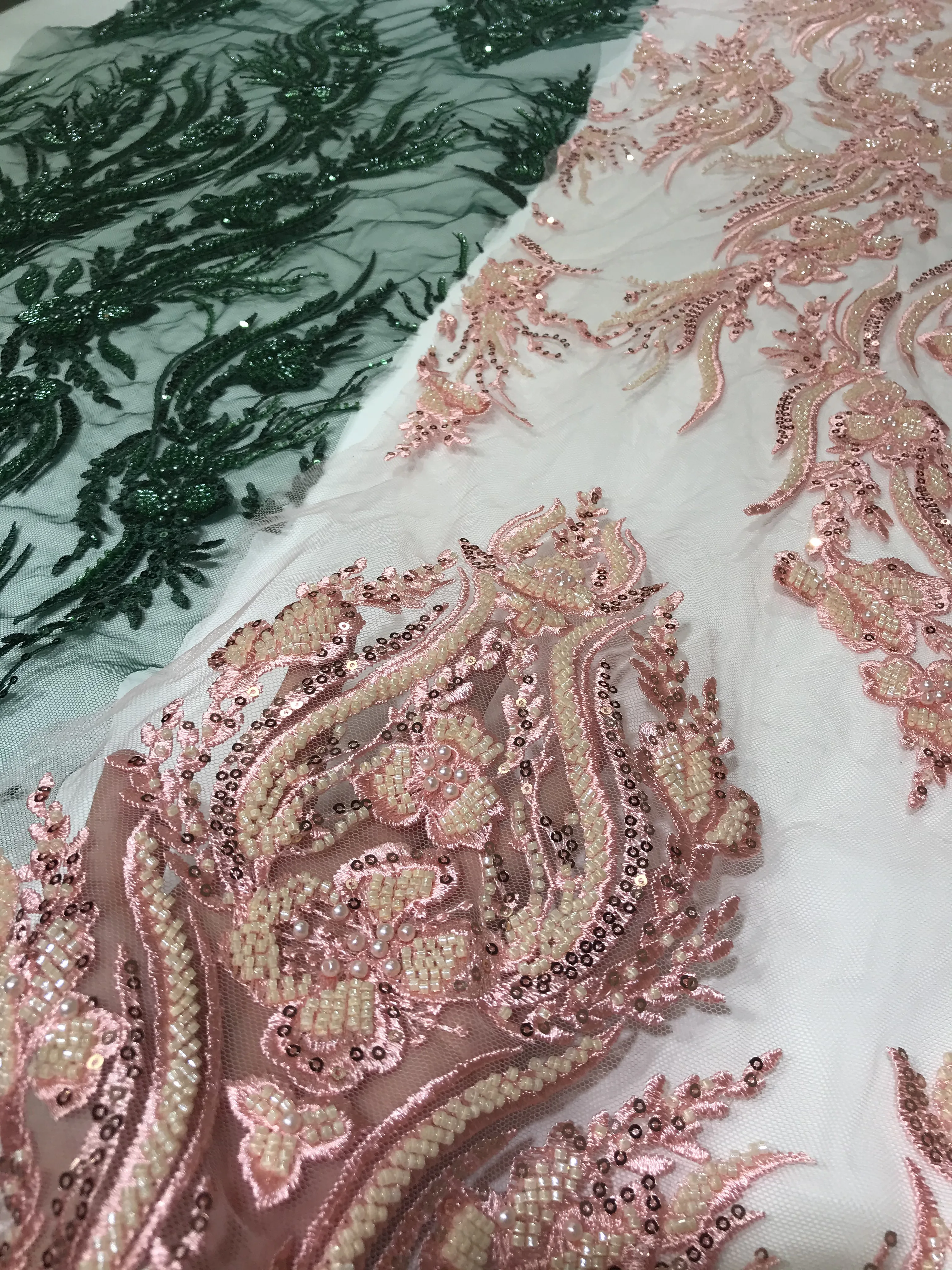 2024 Emerald Green Blush Pink Peach Pink Color Embroidery Beads Sequins Mesh Lace Fabric African Dubai Lace Party Evening Dress