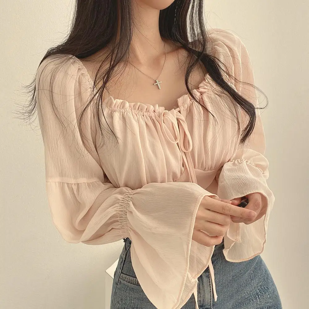 Pure Wind Snow Spinning Long Sleeve One Shoulder Tie Rope Sexy French Gentle Wind Short Shirt Women's Top Autumn New Collection