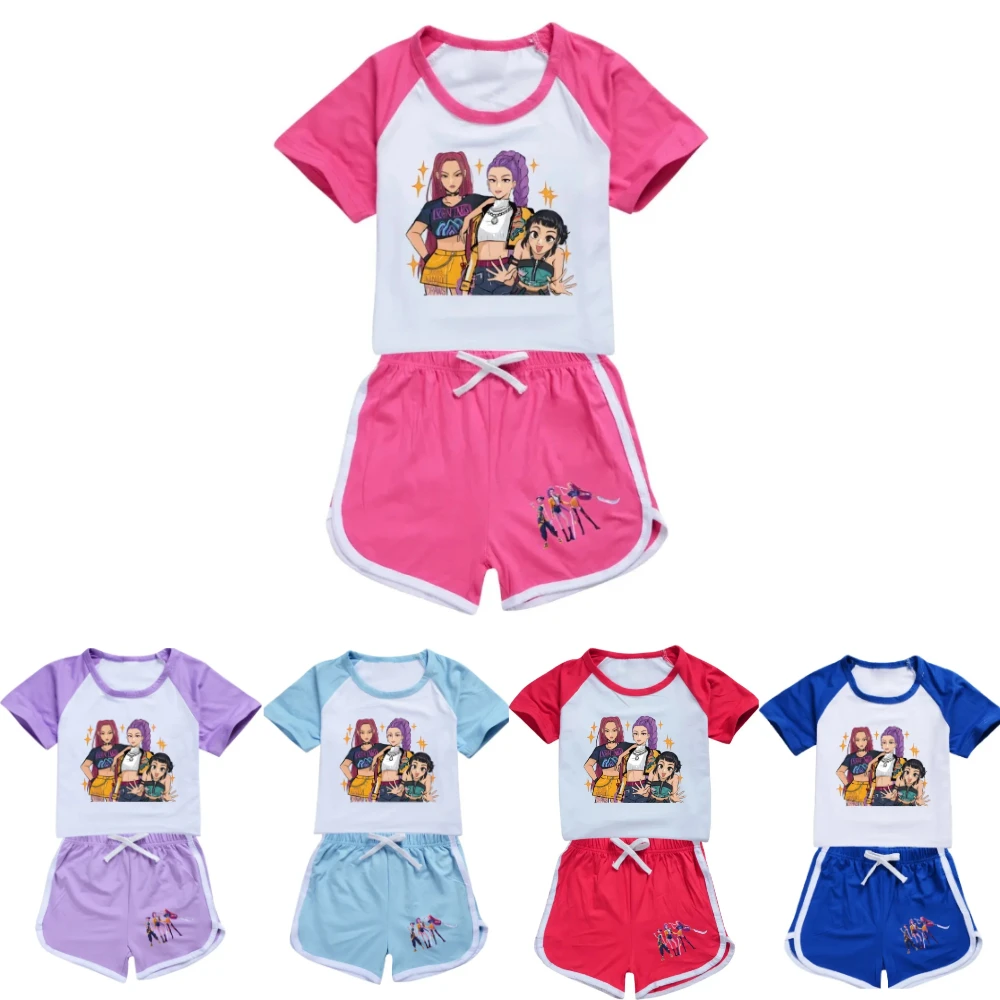 

KPop Demon Hunters Girls Outfit - Adorable Short Sleeve Tshirt & Shorts Set, Summer Kids Homewear Gift