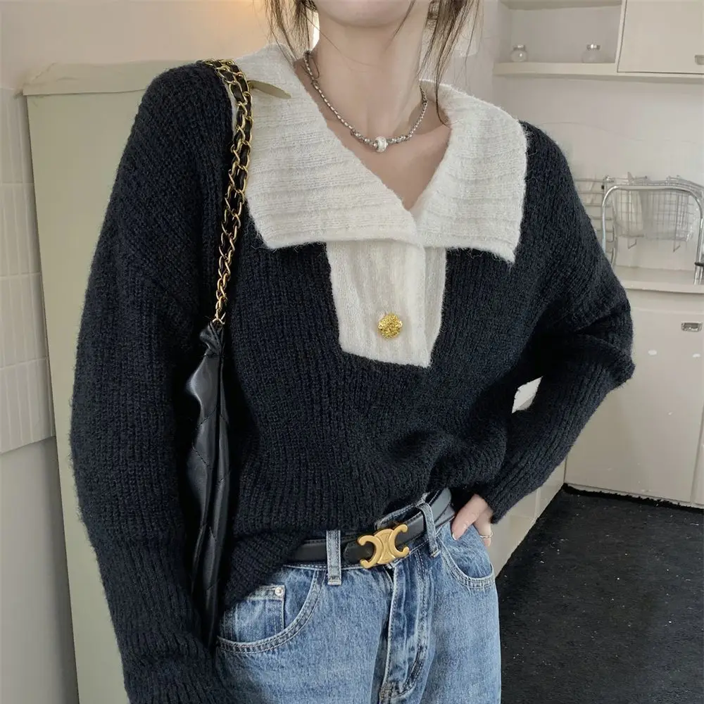 Color Blocking Lazy Style Sweater with a Lapel New Knitted Sweater Niche High-end Loose Fitting Top Versatile