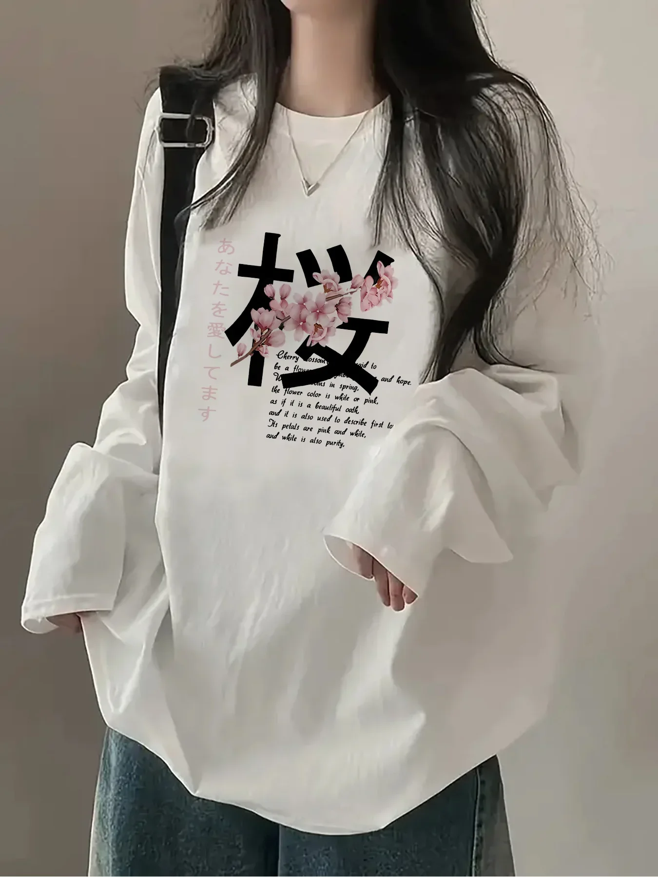 Y2K Japanese Style Women's Cherry Print T-shirt Oversized T-Shirt 100% Cotton Long Sleeve Round Neck T Shirt Harajuku Clothes