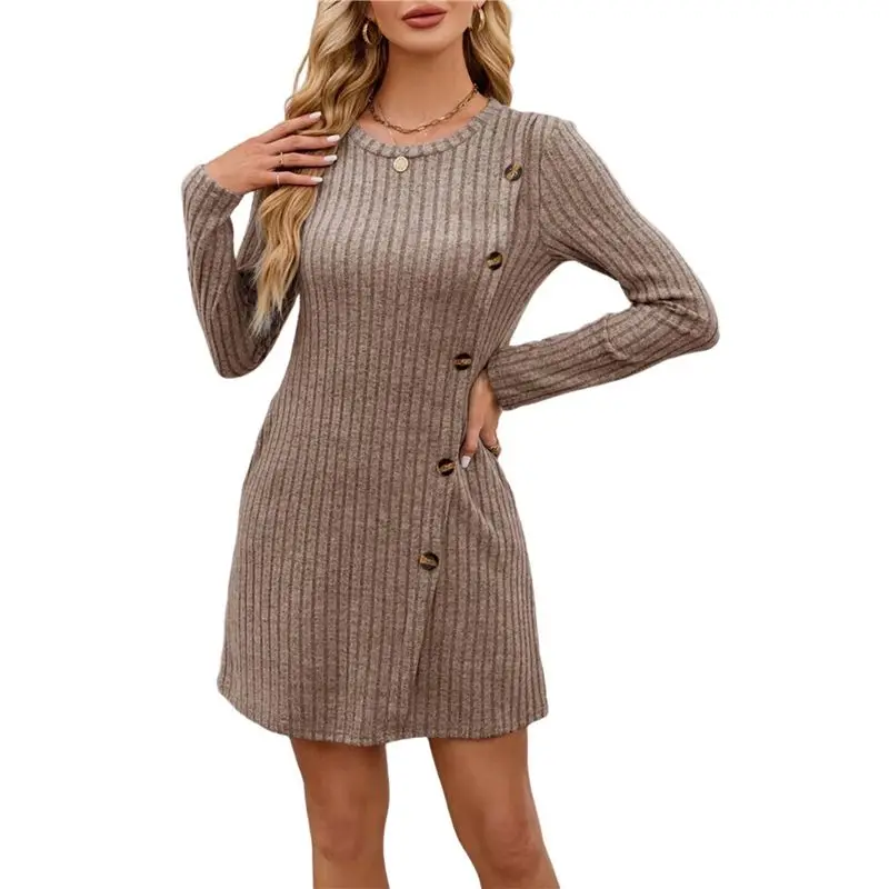 L81A 2025-فستان طويل الأكمام للنساء فساتين سترة تونك مع جيوب أزرار الموضة الجانبية