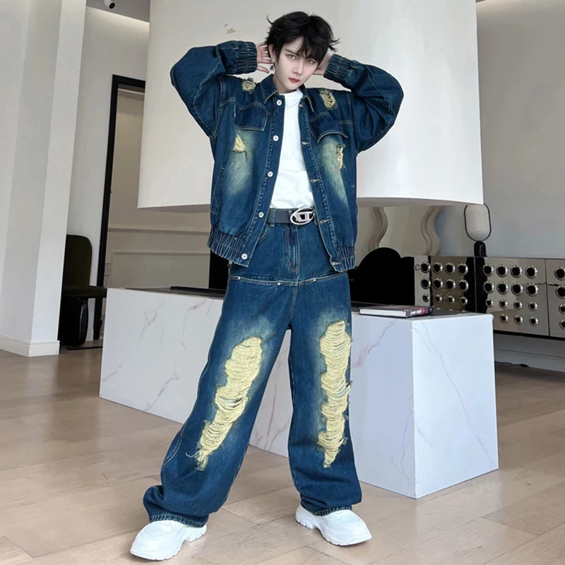 LUZHEN 2024 New Broken Hole Denim Trendy Men\'s Vintage Jacket Retro Patched Korean Baggy Jeans Streetwear Two-piece Sets 70309c