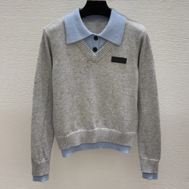 

High-quality college-style faux fur two-piece Polo collar multi-color women's sweater popular pullover 251028233