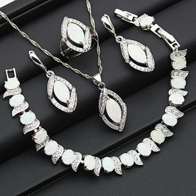 Trendy White Opal Silver Color Jewelry Sets Women's Wedding Necklace Earrings Ring Bracelet Holiday Gift