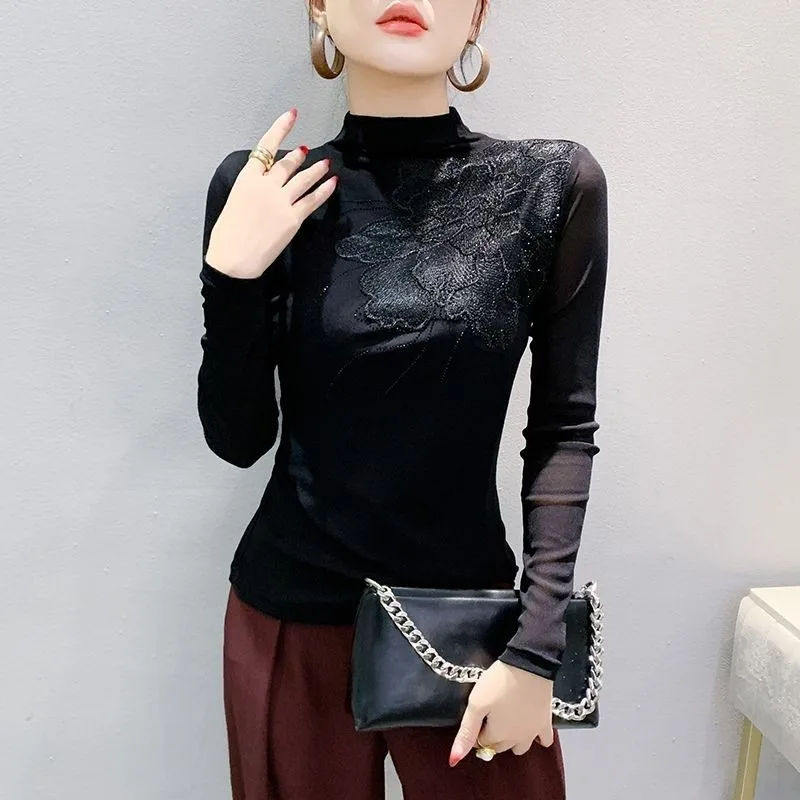 Heavy Embroidery Hot-drilled Half-high Collar Spliced   mesh Fashionable Autumn and Winter Warm Versatile Bottoming Shirt