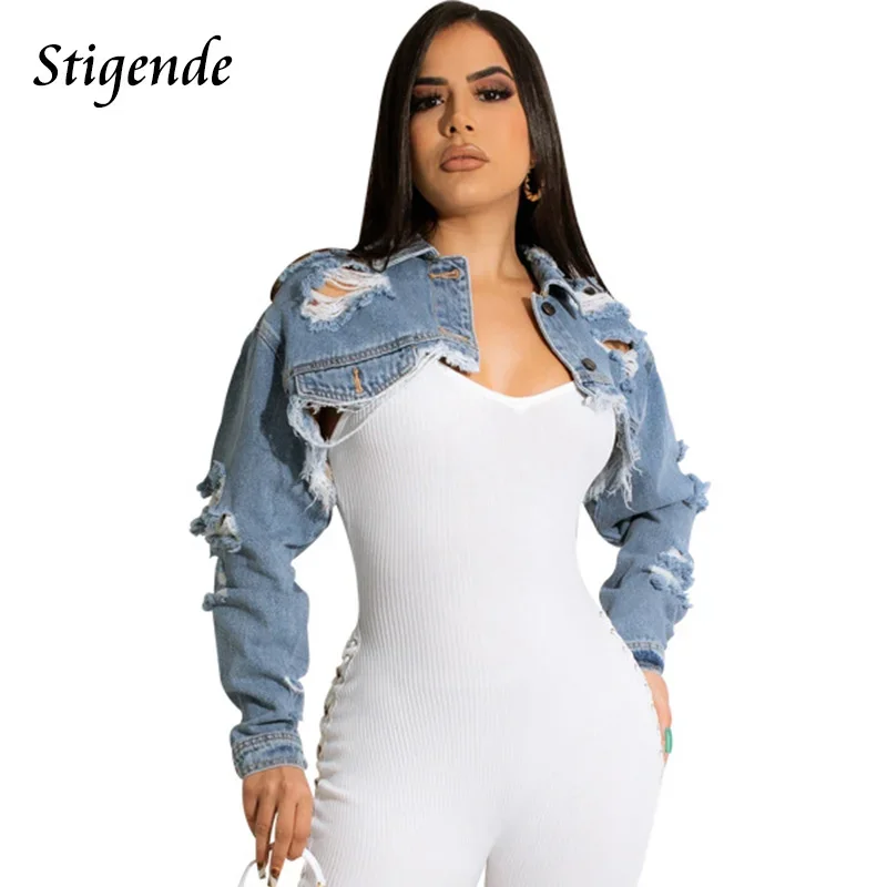 

Stigende Women Long Sleeve Ripped Crop Denim Jacket Sexy Hole Hollow Out Jeans Coat Turn Down Collar Shredded Cropped Tops