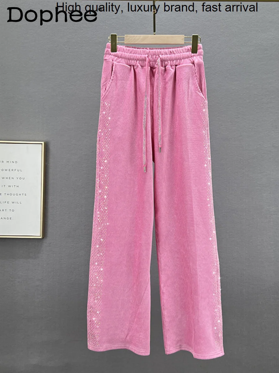 Hot Drilling Heavy Sweet Pink Casual Women 2023 Spring New Lace-up High Waist Loose Slimming Wide Leg Pants Long Trousers