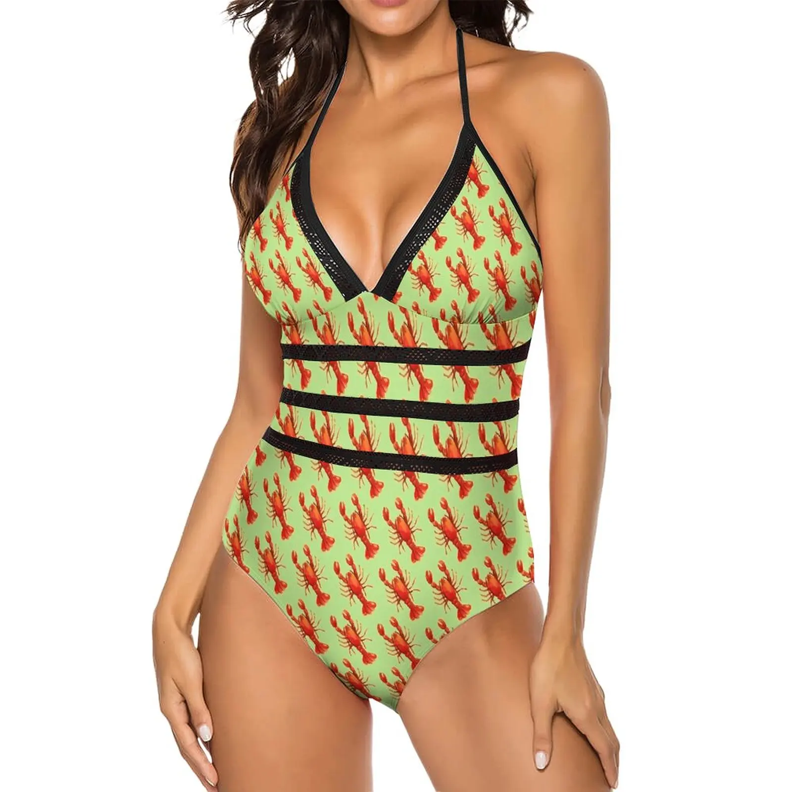 I Love Lobsters Swimsuit Animal Print Retro Swimwear One-Piece Fitness Bodysuit Sexy High Cut Bathing Suit