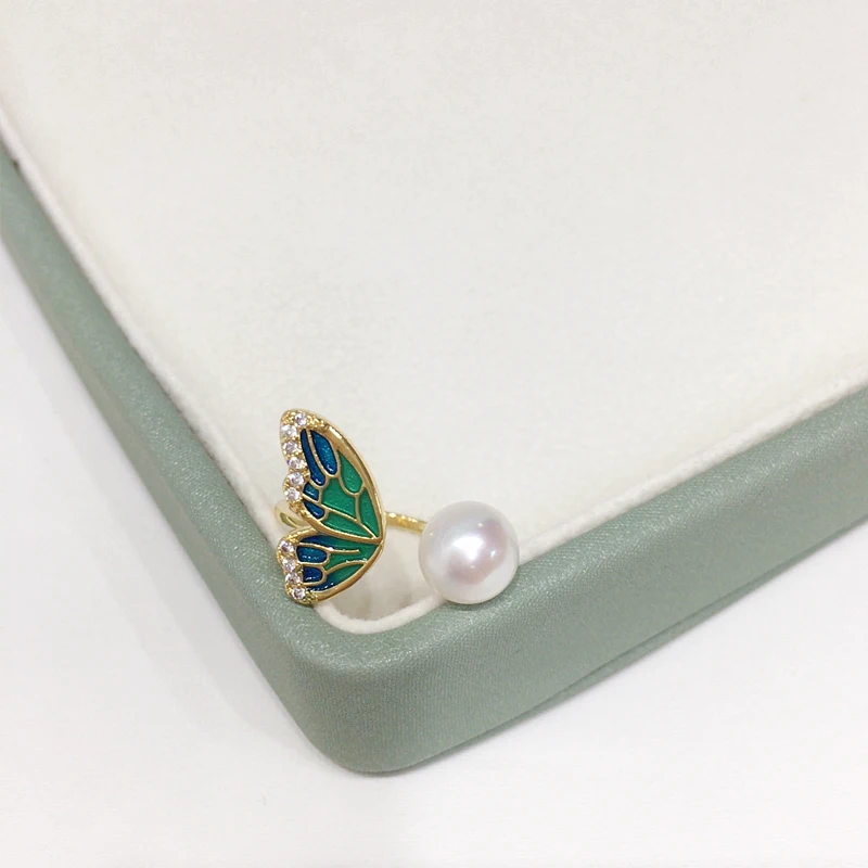 ZHBORUINI New Trendy Fine Pearl Ring Real Natural Pearl Enamel butterfly wings Ring Design Female Wedding jewelry Gift