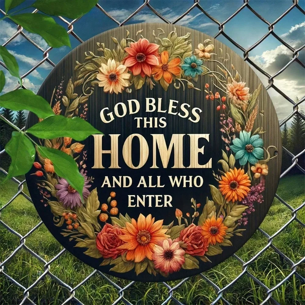 God Bless This Home Metal Welcome Sign - 8-Inch Wreath Design for Front Door/Porch, Home/Room/Wall Decor, Birthday Graduation Gi
