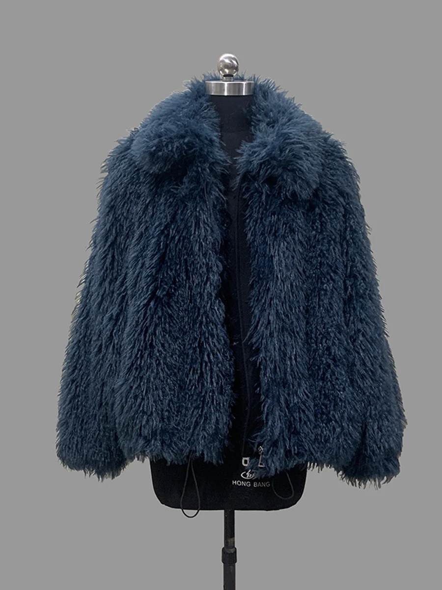 Nerazzurri Autumn Winter Short Oversized Dark Blue Thick Warm Fuzzy Faux Mongolian Fur Coat Women Turn-Down Collar Fluffy Jacket