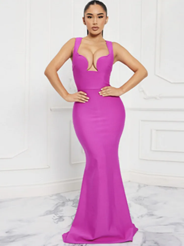 

New Summer Fashion Women Sexy Sleeveless Hot Pink Maxi Long Bodycon Bandage Dress 2023 Elegant Evening Fishtail Party Dress