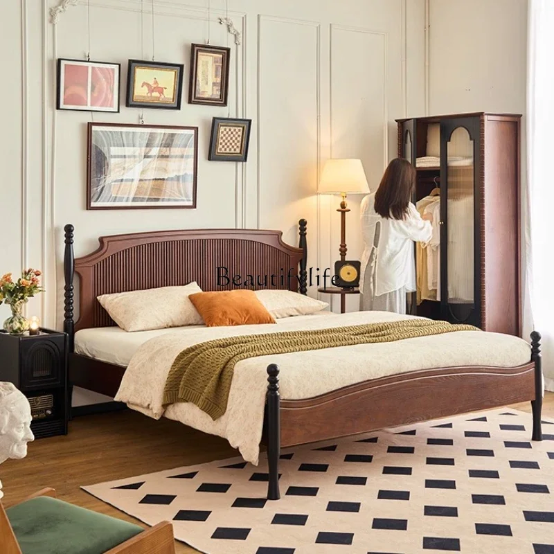 

ls 18French retro solid wood medium and ancient style master bedroom bed small apartment household American bed