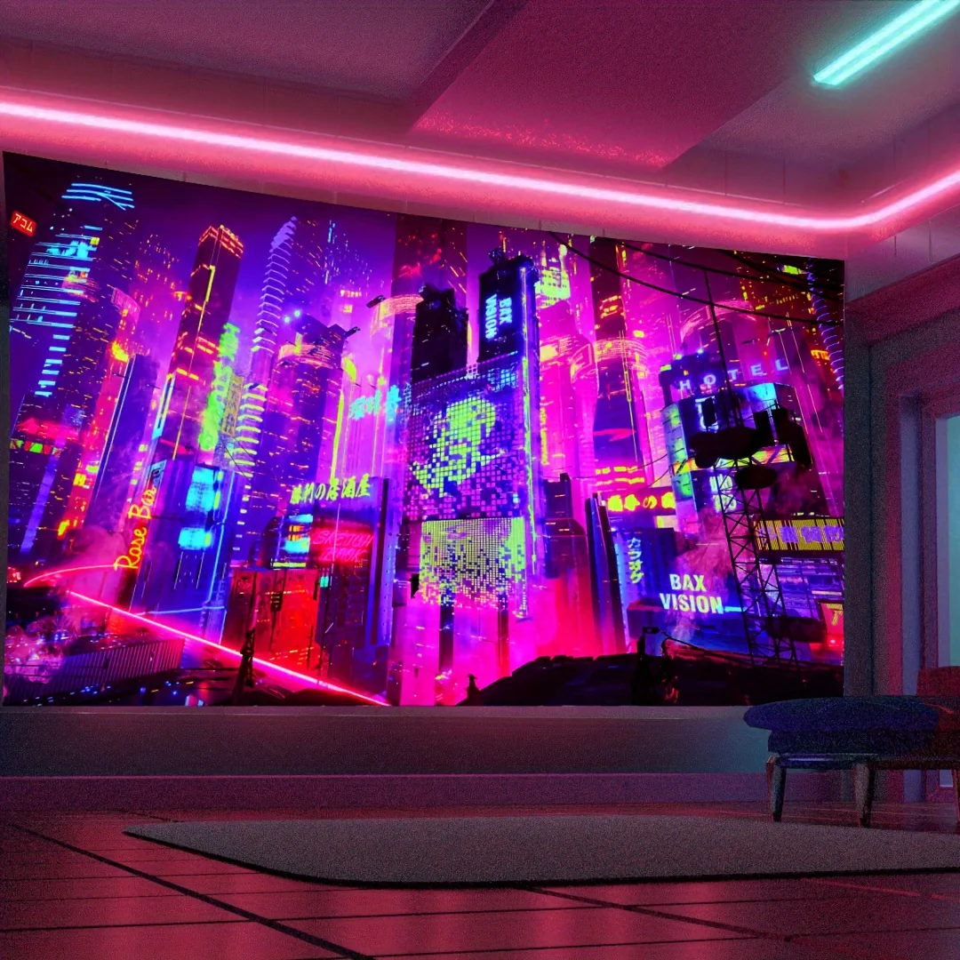 VIKAMA Lebendiger Neon-Stadtlandschafts-Wandteppich, leuchtender japanischer Nachtlandschafts-Wandbehang aus Polyester, für Schlafzimmer, Wohnzimmer, Büros