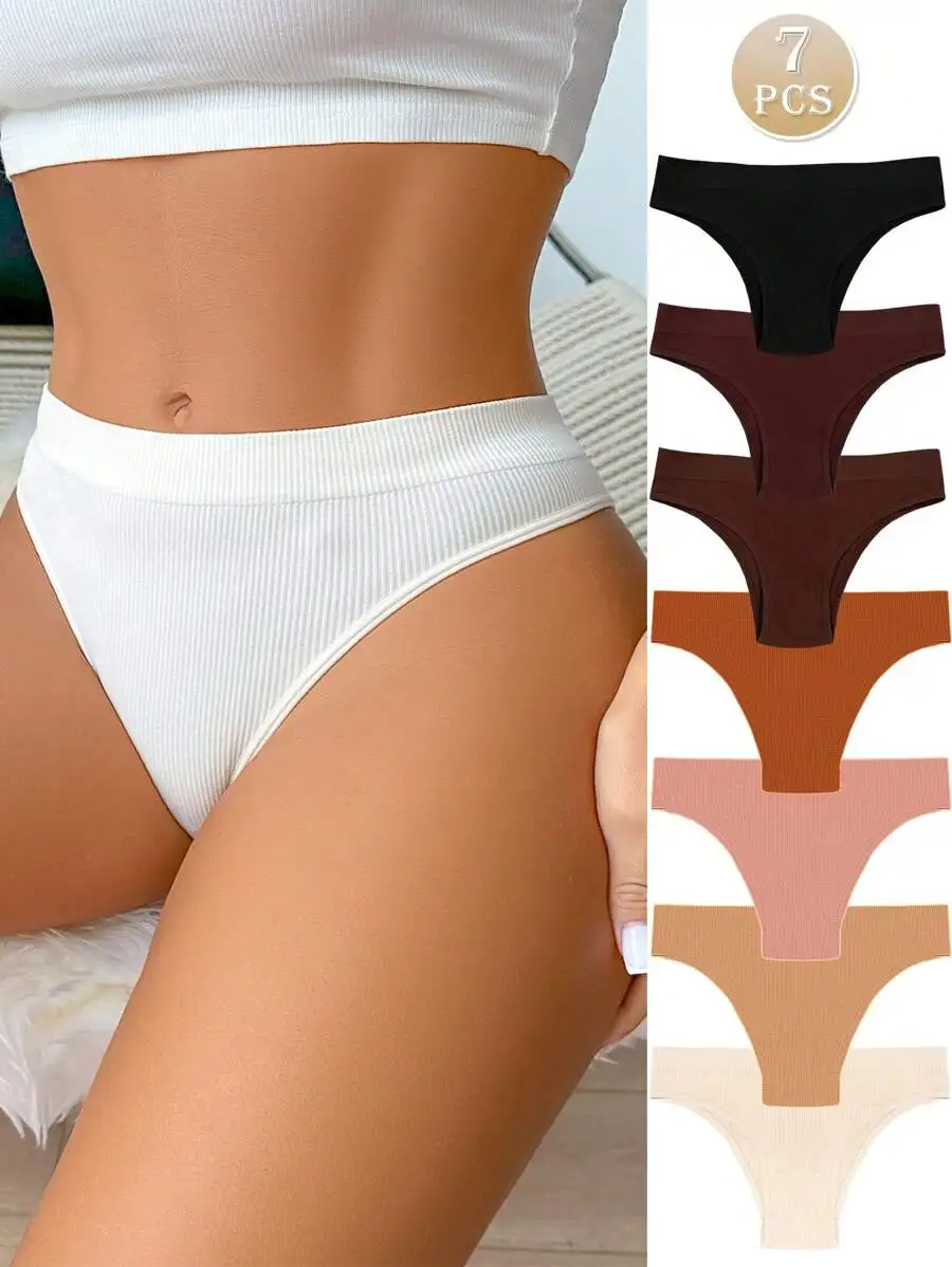 

7pcs Women Seamless Knitted Low-Rise Brazilian Panties Solid Color Underwear