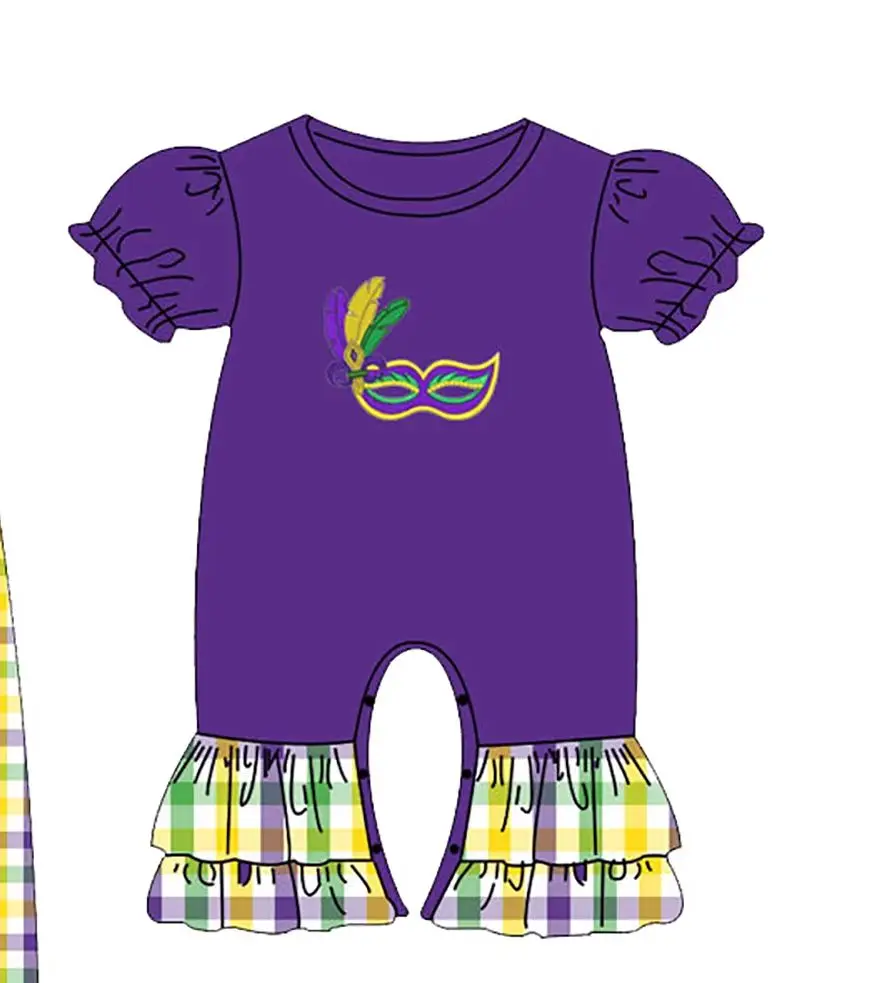 Kids Mardi Gras Outfit Purple Mask Print Gingham Ruffle Pants Set Jumpsuit Toddler Baby Carnival Boutique Clothing view 4