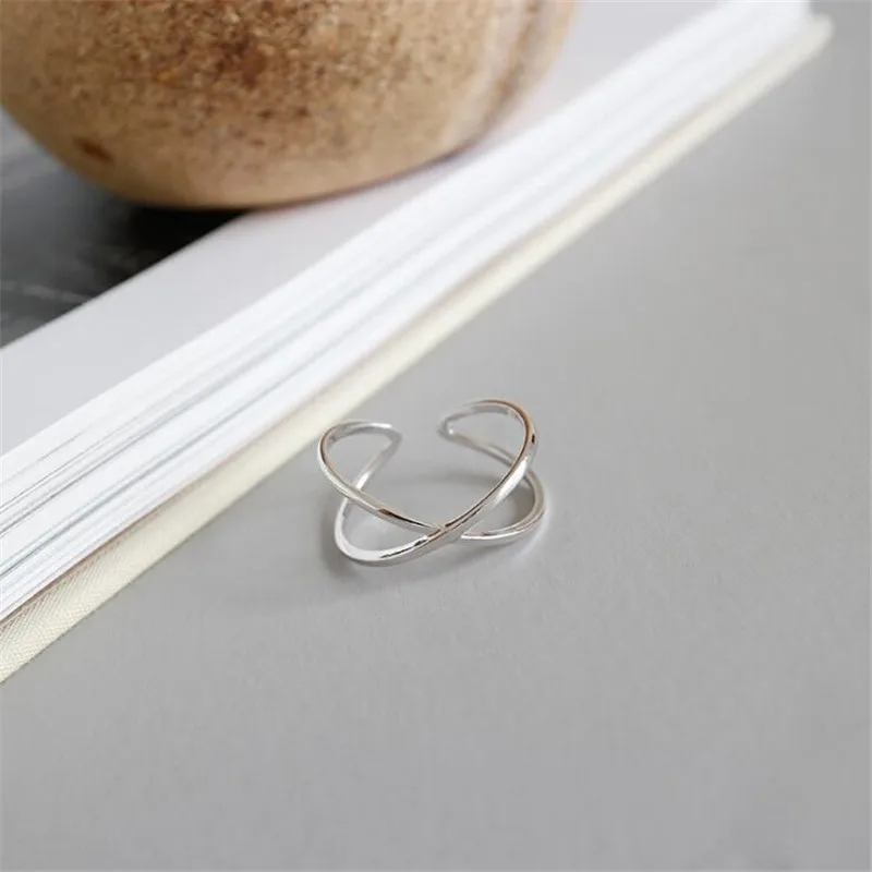 New Simple Cross Personality 925 Sterling Silver Jewelry Fashion Rotate Irregular Geometric Women Gift Opening Rings R338