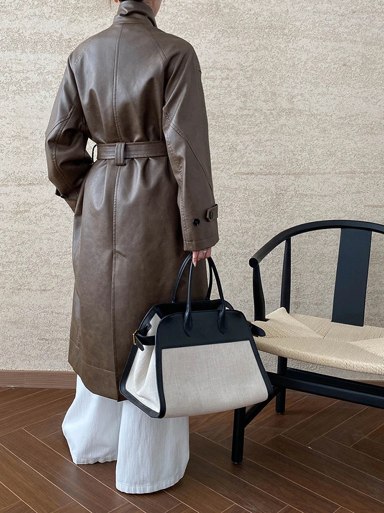 PU Leather Coffee Belted Big Size Long Jacket New Lapel Long Sleeve Women Coat Fashion Tide Spring Autumn