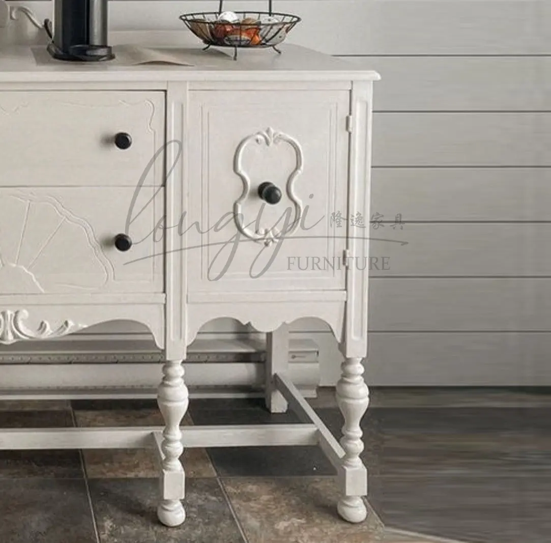 LMM Vintage White Carved Vintage Locker Cream Style American Shelf
