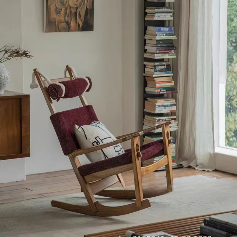 

Lamb wool Hans rocking chair\ Medieval retro style living room solid wood leisure single chair ash wood adult recliner