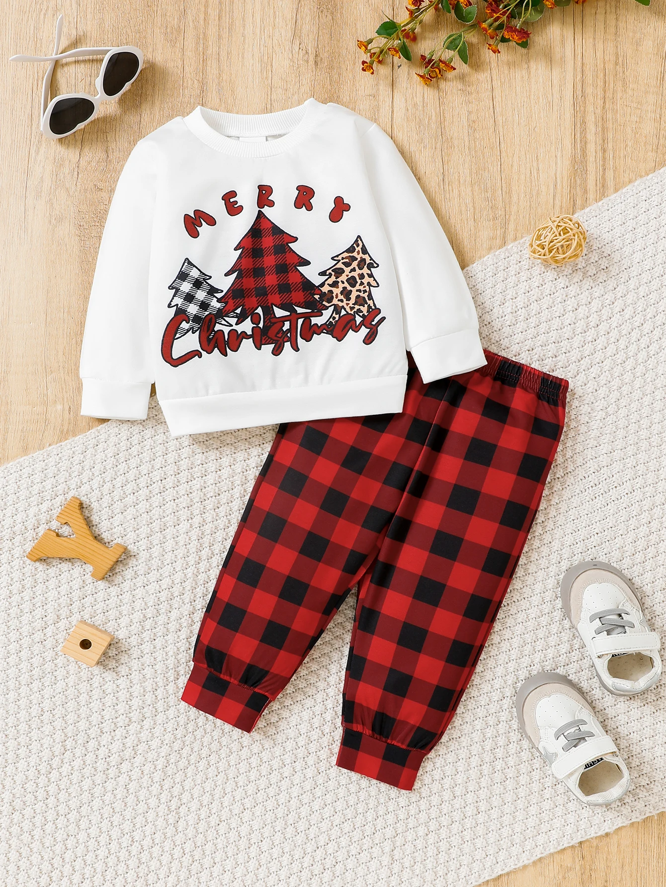 

6-36M Christmas Party Style Male Baby Hoodie Set Christmas Tree Letter-Printed Long-Sleeved Hoodie Top Red Plaid Casual Pants