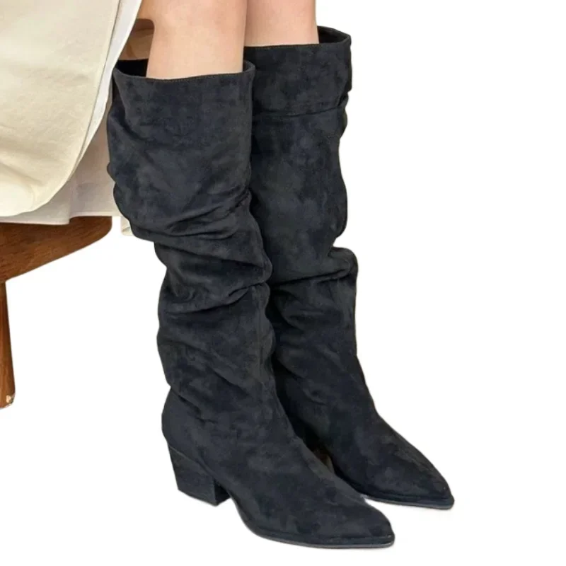 Ladies Shoes 2024 Fashion Sleeve Women's Boots Winter Keep Warm Pointed Toe Suede Solid High Tube Chunky Heels Female Boots