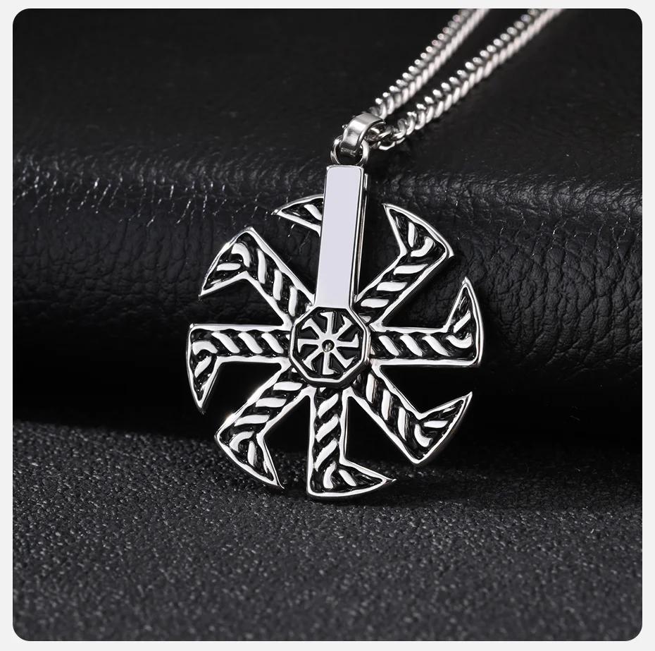 Vnox Drehbarer Kolovrat-Anhänger Halskette für Männer, Edelstahl Vintage Slawisches Symbol Amulett 60cm Gliederkette Punk Schmuck Geschenk – Detail 5